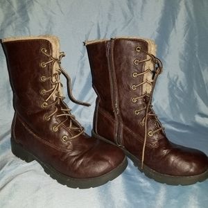 Girls Brown Fluffy Combat Boots